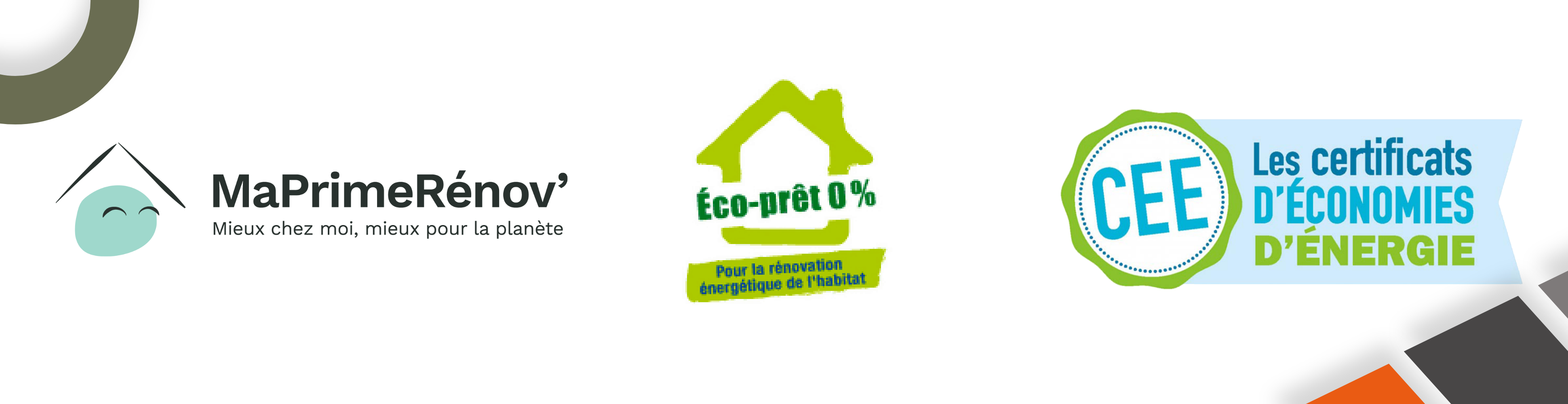 Logos de MaPrimeRénov' Eco-PTZ et Prime Certificats d'économie d'énergie CEE